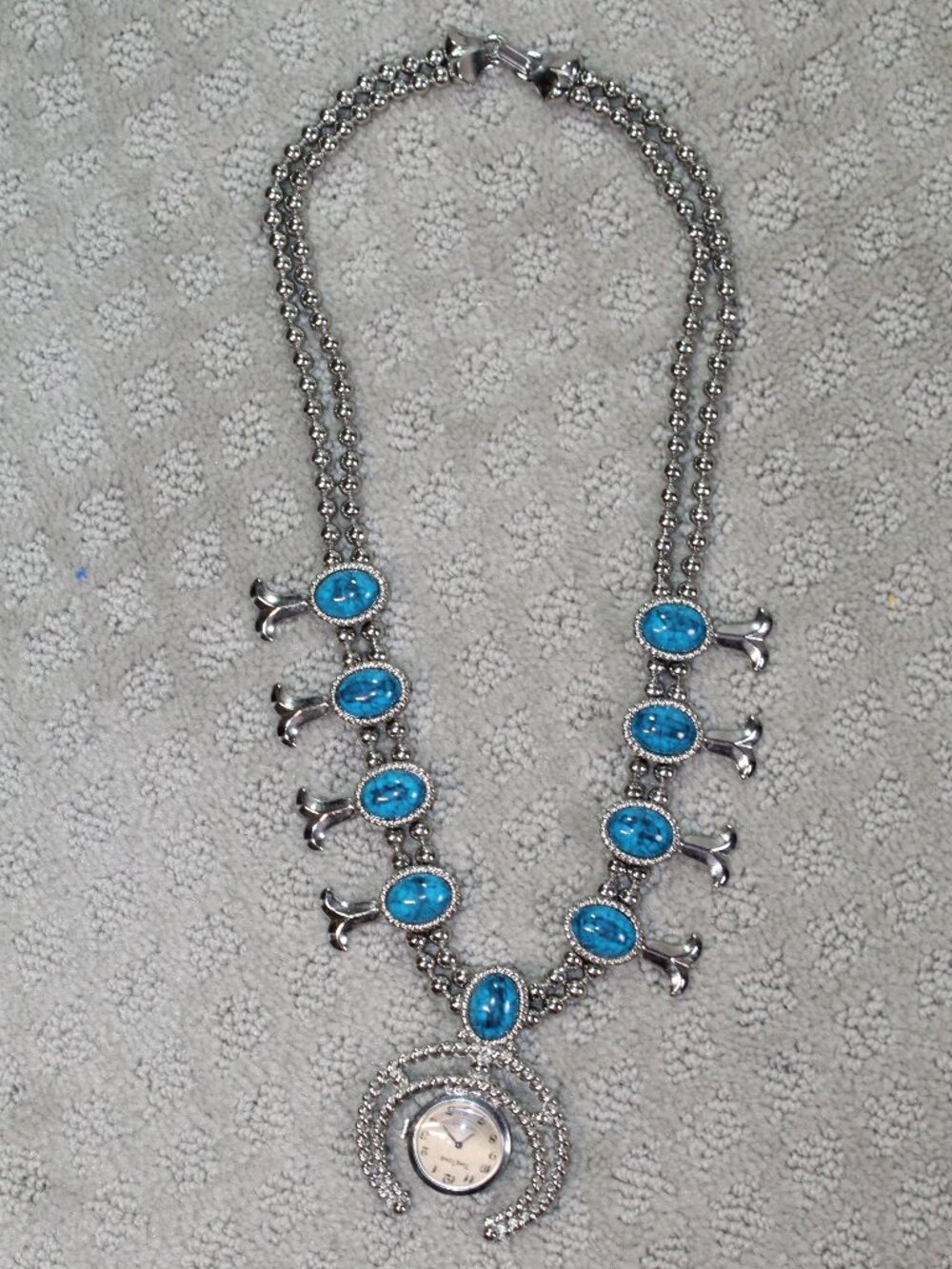 Vtg Southwestern Silver-toned Turquoise Squash Blossom Watch 26" Necklace